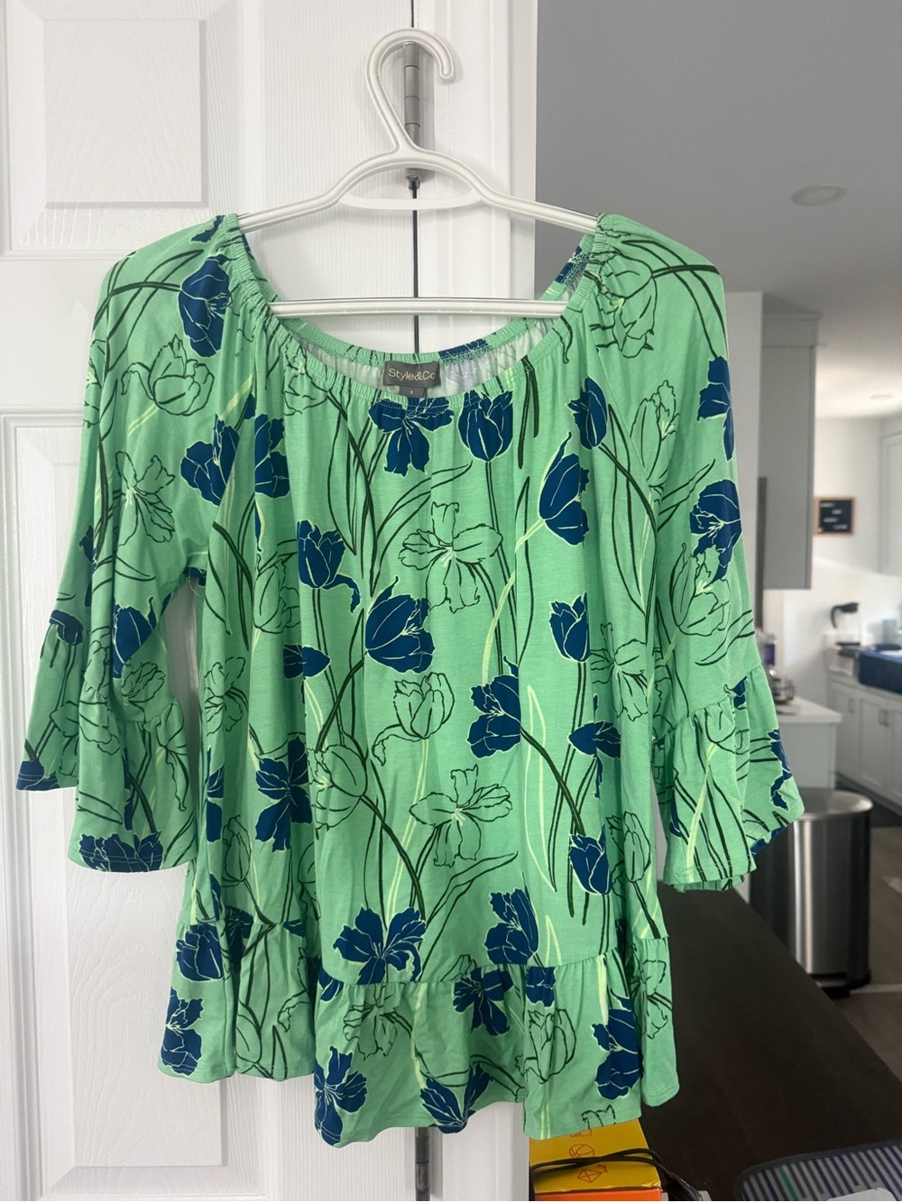 Style & Co. Mint Green Peasant Blouse with Navy Floral Print